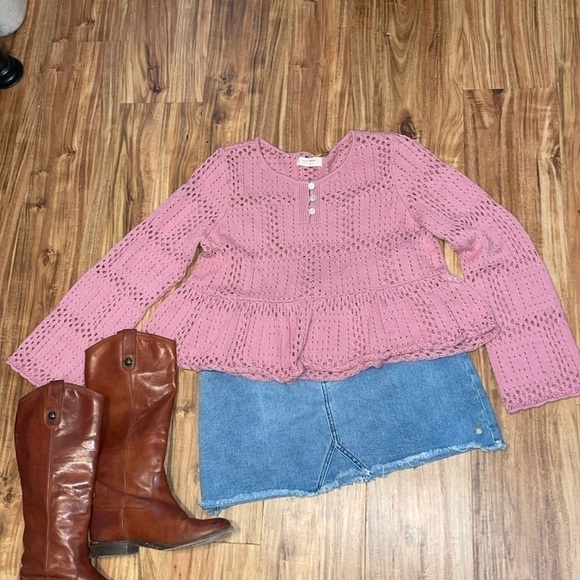 Lucky Brand women’s sweater Large pink knit peplum open stitch long sleeve soft - Picture 2 of 8